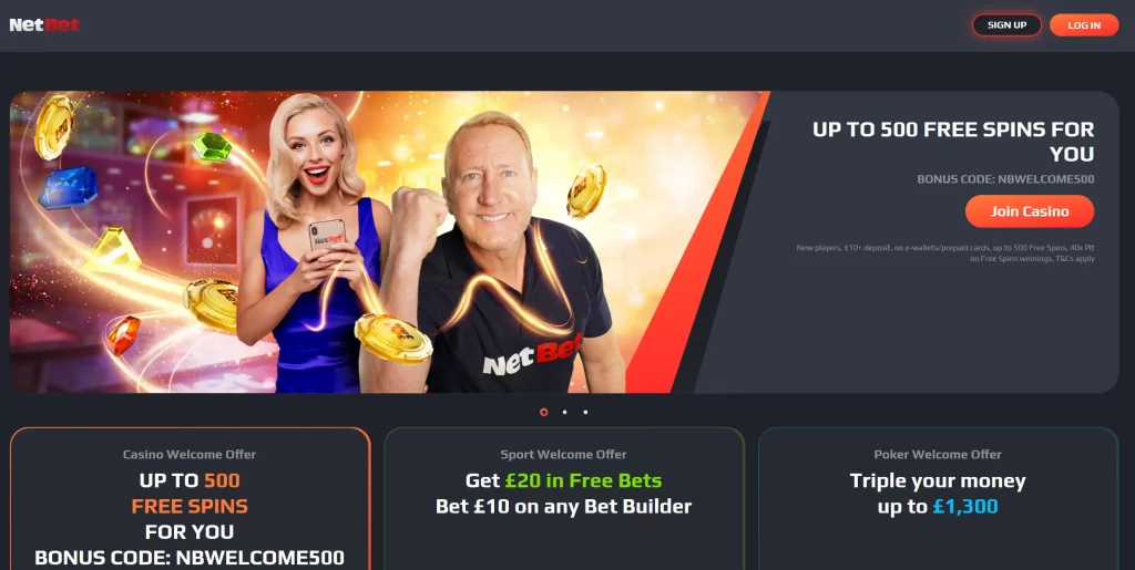 Netbet.co.uk homepage showcasing sports betting, casino games, poker, and live dealer options.