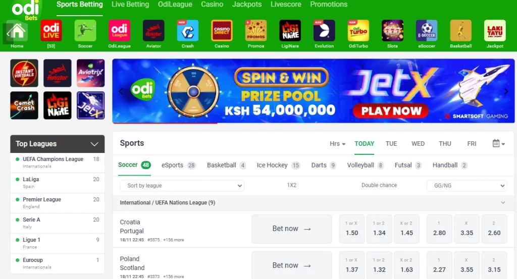 OdiBets.com homepage showcasing live sports betting and virtual game options.