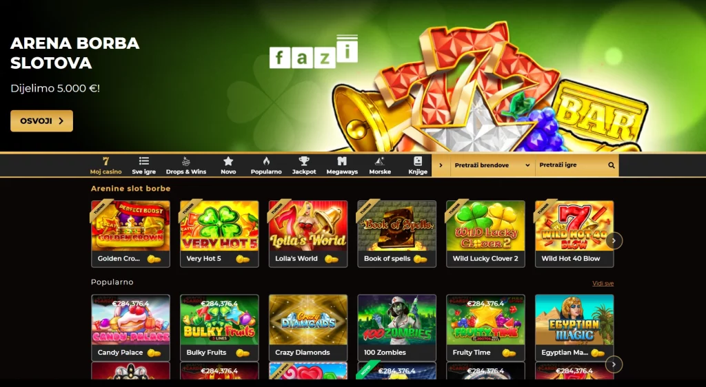 Arenacasino.hr homepage showcasing slots, table games, and live casino options in Croatia.