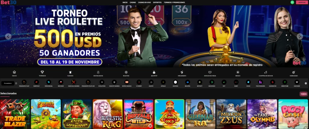 Bet30.io homepage highlighting sports betting, live betting, and casino game options.