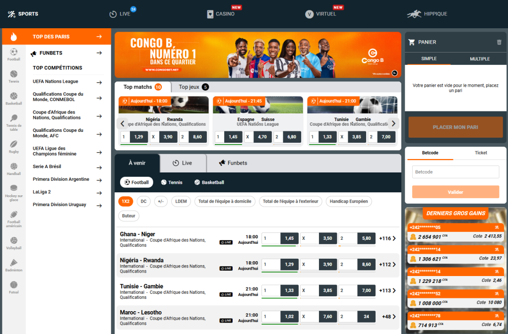 Congobet.net homepage highlighting sports betting, live betting, and virtual game options.