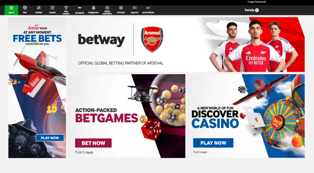 Betway Tanzania homepage highlighting sports betting, live betting, and casino game options.