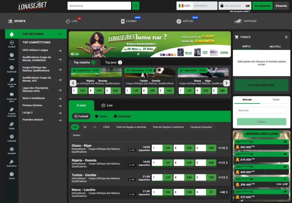 Lonase.bet homepage showcasing sports betting and lottery game options.