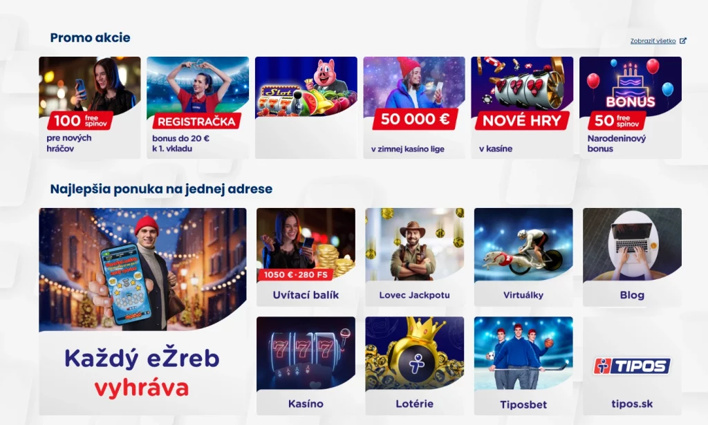 Moj.etipos.sk homepage highlighting lottery games, sports betting, and casino options in Slovakia.