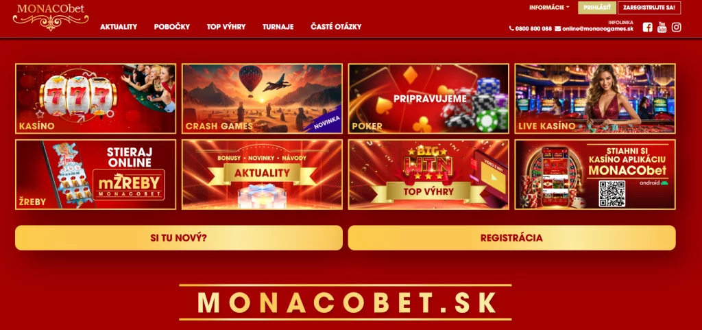 Monacobet.sk homepage showcasing slots, table games, and sports betting options in Slovakia.