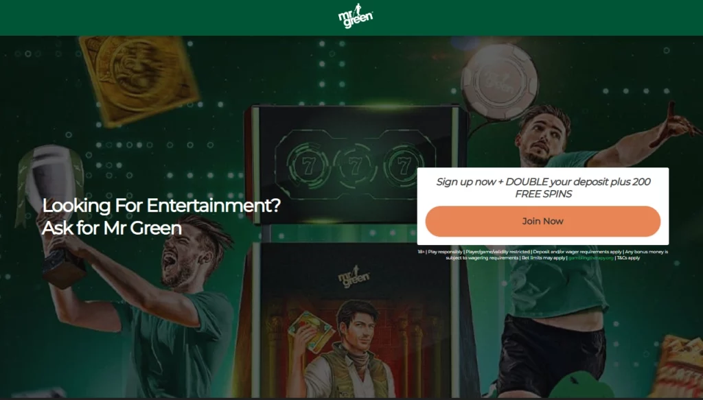 Mrgreen.com homepage highlighting casino games, live dealer options, and sports betting.