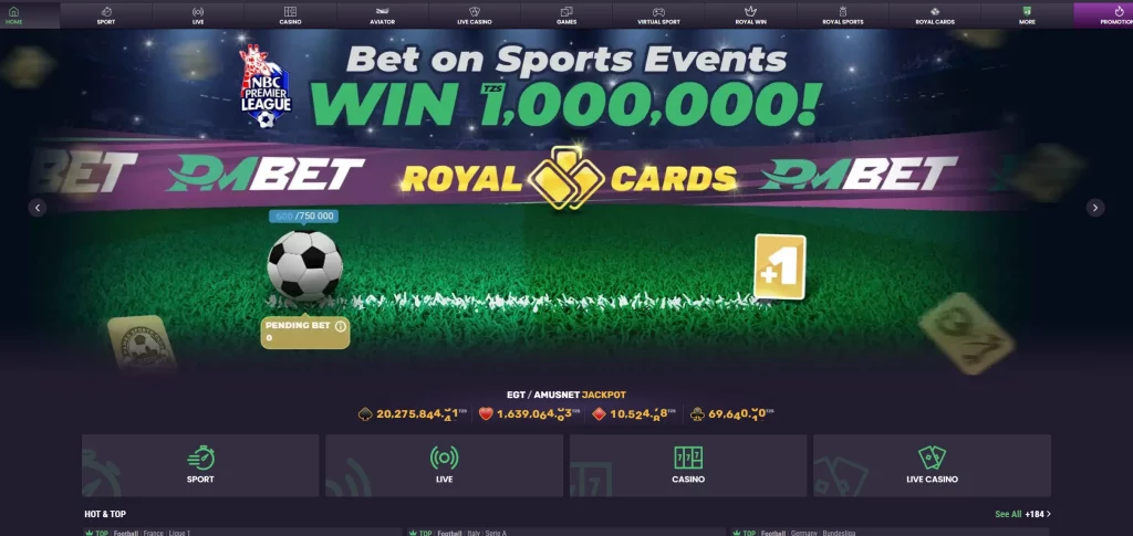 Pmbet.co.tz homepage showcasing sports betting, live betting, and virtual game options in Tanzania.