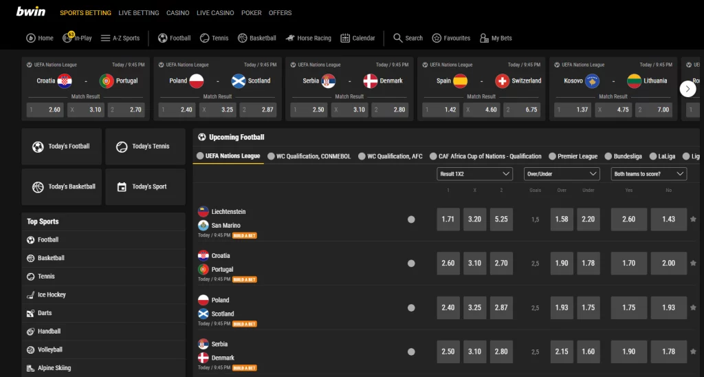 Sports.bwin.com homepage showcasing sports betting markets and live betting options.