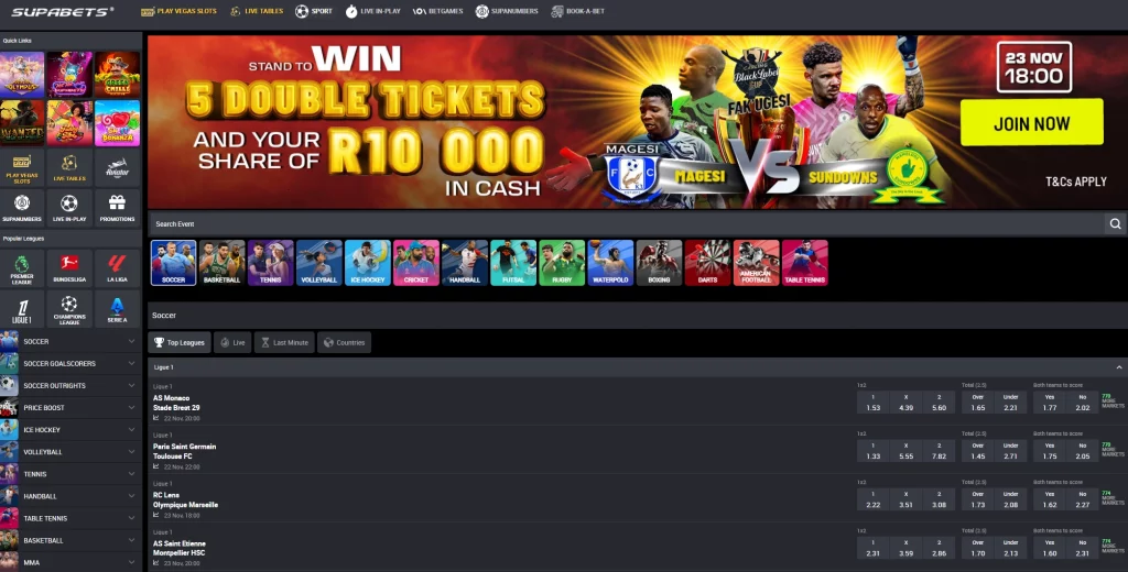 Supabets.co.za homepage showcasing sports betting, live betting, and casino game options in South Africa.