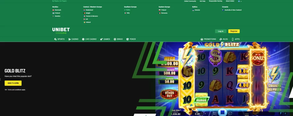 Unibet.com homepage highlighting sports betting, casino games, poker, and live dealer options.