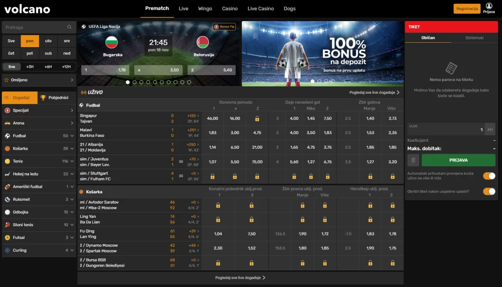 Volcanobet.ba homepage showcasing sports betting, live betting, and casino game options in Bosnia.