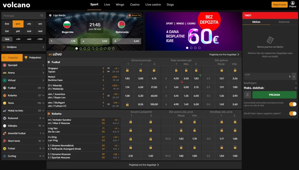 Volcanobet.me homepage showcasing sports betting, live betting, and casino game options.